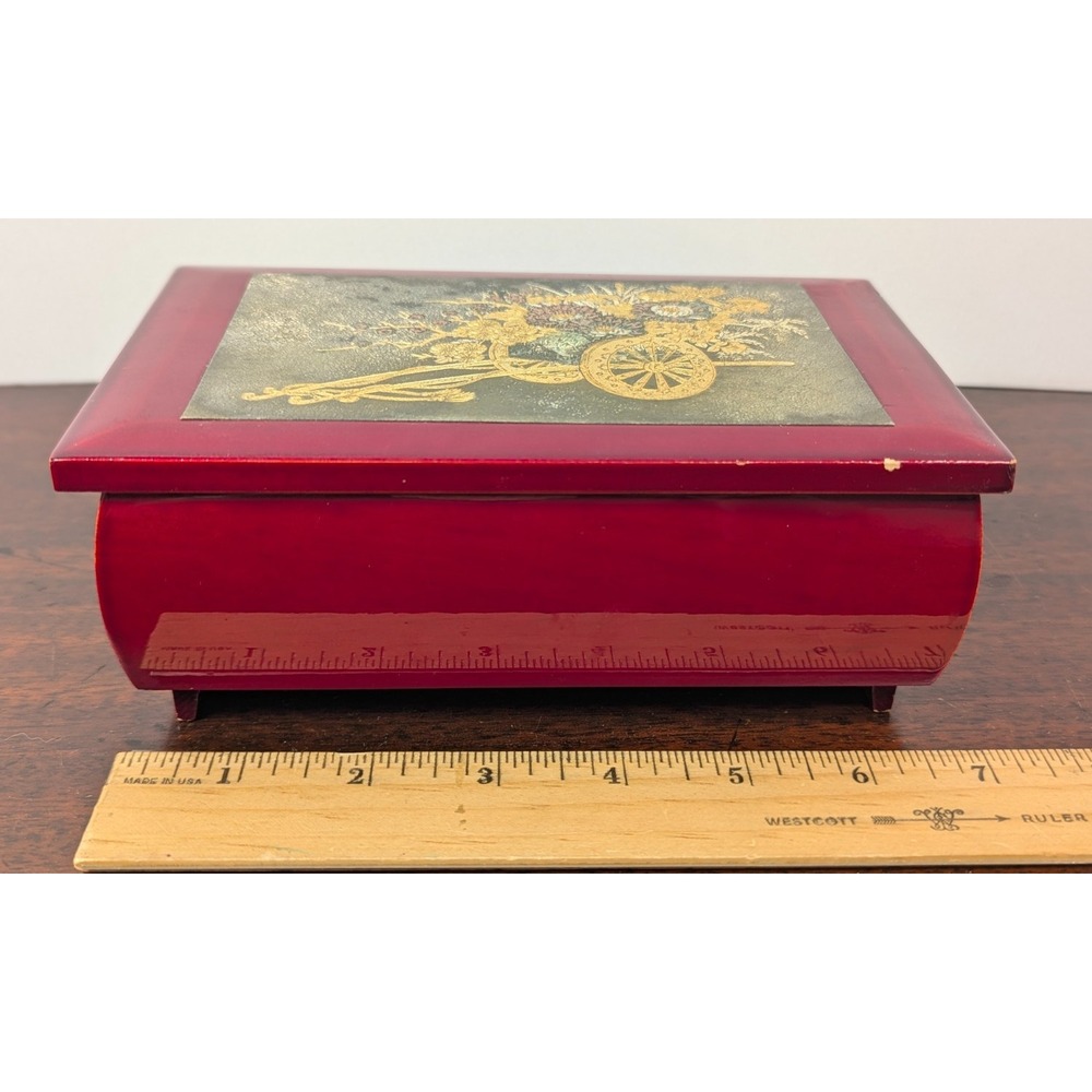 Vintage Westland Co Japan Red Lacquer Musical Jewelry Box Floral Cart Evergreen - Picture 8 of 11